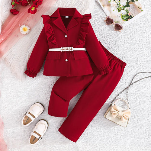25 خريف/شتاء جديد بنات' and children's أكمام طويلةd white waistband توب ruffled edge بدلة jacket، طويل pants three piece طقم