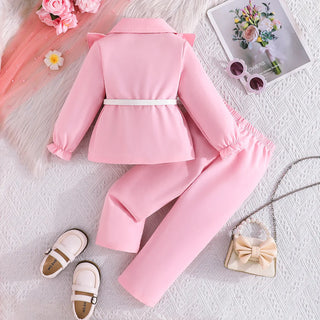 25 خريف/شتاء جديد بنات' and children's أكمام طويلةd white waistband توب ruffled edge بدلة jacket، طويل pants three piece طقم
