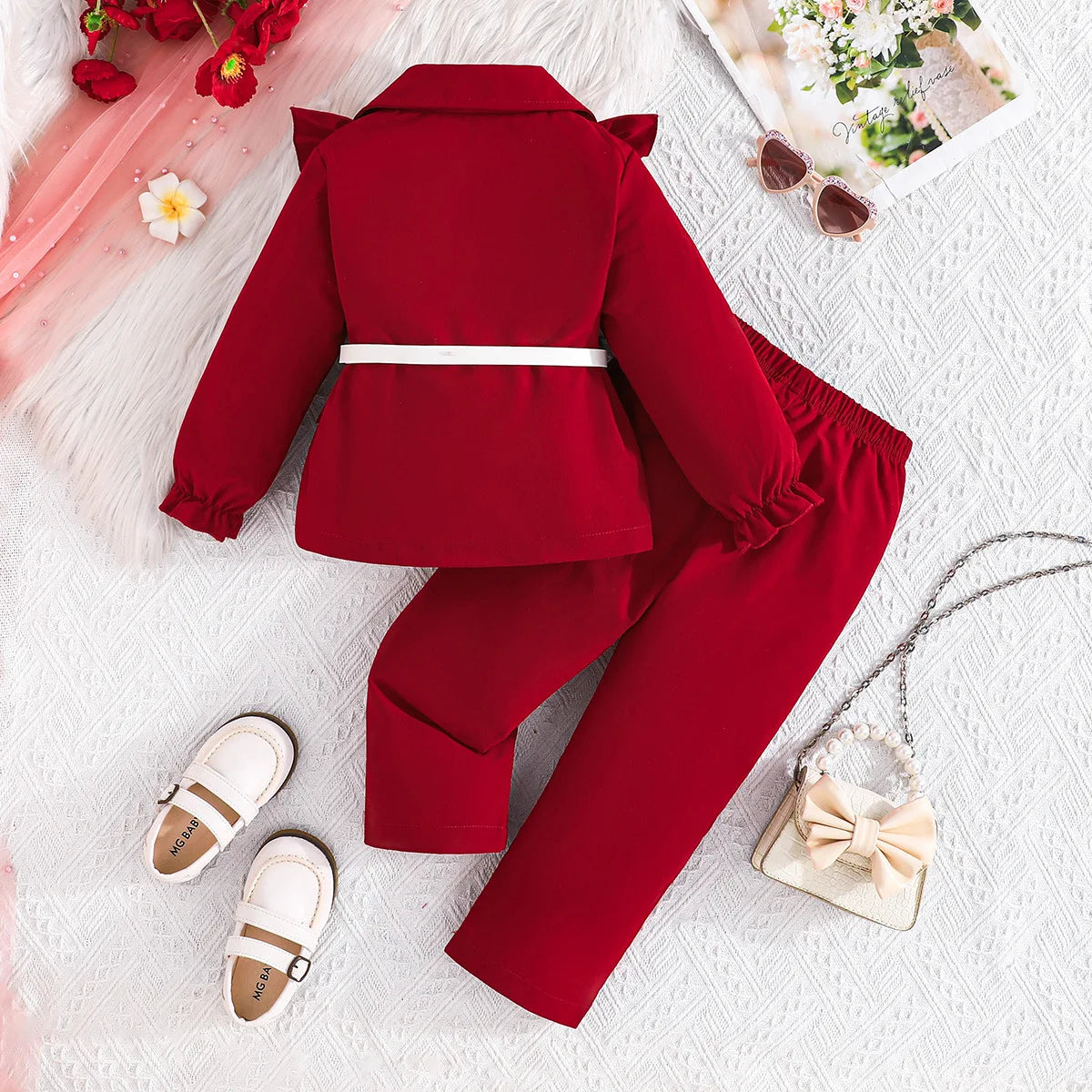 25 خريف/شتاء جديد بنات' and children's أكمام طويلةd white waistband توب ruffled edge بدلة jacket، طويل pants three piece طقم