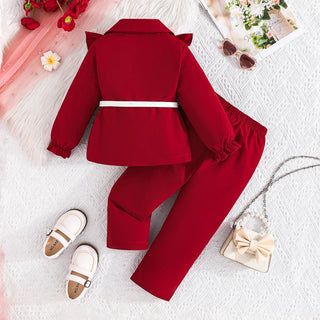 25 خريف/شتاء جديد بنات' and children's أكمام طويلةd white waistband توب ruffled edge بدلة jacket، طويل pants three piece طقم