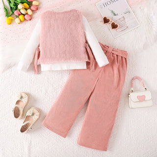 25 جديد شتاء بنات' طقم pit strip أكمام طويلة توب قصير velvet فيست belt طويل pants four piece طقم