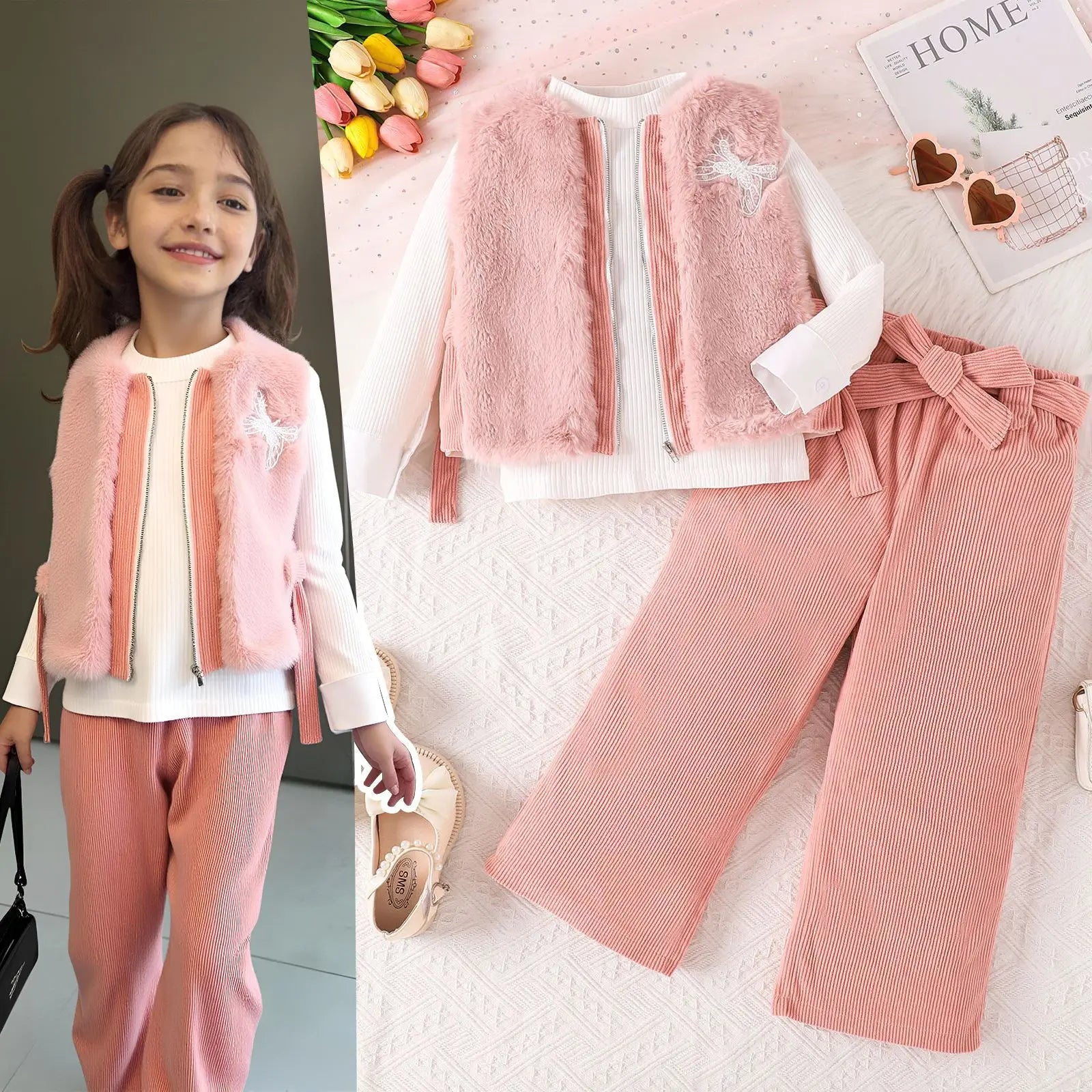 25 جديد شتاء بنات' طقم pit strip أكمام طويلة توب قصير velvet فيست belt طويل pants four piece طقم