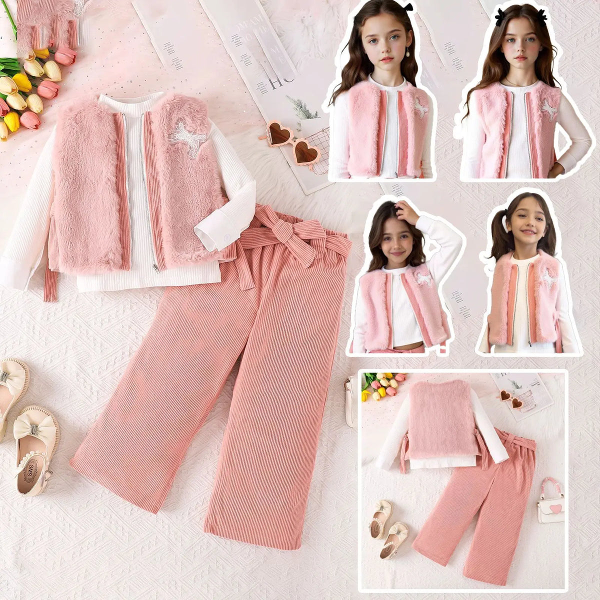 25 جديد شتاء بنات' طقم pit strip أكمام طويلة توب قصير velvet فيست belt طويل pants four piece طقم