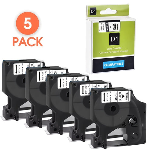 5 قطع شريط ملصقات متوافق مع CIDY لطابعات Dymo D1, LM160, LM280 - 12مم x 7م, أسود على أبيض وخيارات متعددة الألوان, مادة PET/ABS متينة