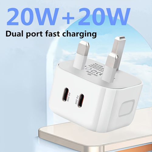 محول طاقة سريع الشحن بمقبس USB C أمريكي بقوة 20 واط ومقبس USB C بريطاني، محول طاقة للجدار لشحن iPhone 15/15 Pro/15 Pro Max/14/14 Pro/13/13 Pro/12/12 Pro/11/iPad/iPad Pro/Air/SamSung S24، المزيد (مقبس بريطاني إلى محول 2 USB Type-C)