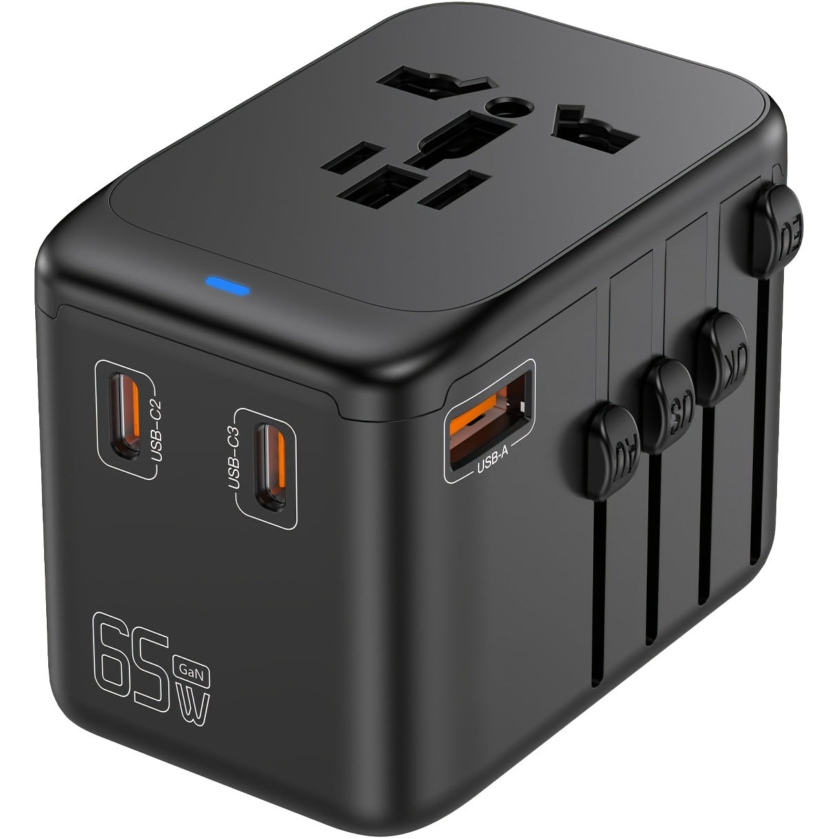 محول السفر الدولي، شاحن سفر عالمي GaN III بقوة 65 واط مع 1 USB-A و3 USB-C PD للشحن السريع، محول مخرج الكل في واحد لـiPhone، الحواسيب المحمولة، النوع A/C/G/I (الولايات المتحدة الأمريكية/المملكة المتحدة/الاتحاد الأوروبي/أستراليا)