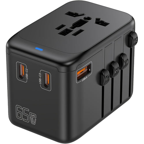 محول السفر الدولي، شاحن سفر عالمي GaN III بقوة 65 واط مع 1 USB-A و3 USB-C PD للشحن السريع، محول مخرج الكل في واحد لـiPhone، الحواسيب المحمولة، النوع A/C/G/I (الولايات المتحدة الأمريكية/المملكة المتحدة/الاتحاد الأوروبي/أستراليا)