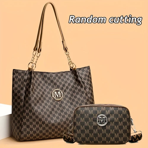 2pcs Retro Geometric Women'S Shoulder Bag - Large Capacity Synthetic Crossbody Handbag with Golden Hardware, Herringbone Pattern and Letter 