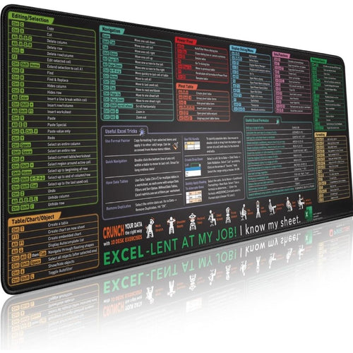 لوحة ماوس مفاتيح اختصار Excel مقاس XL - حصيرة ألعاب ومكتبية موسعة مع حواف مخيطة غير قابلة للانزلاق