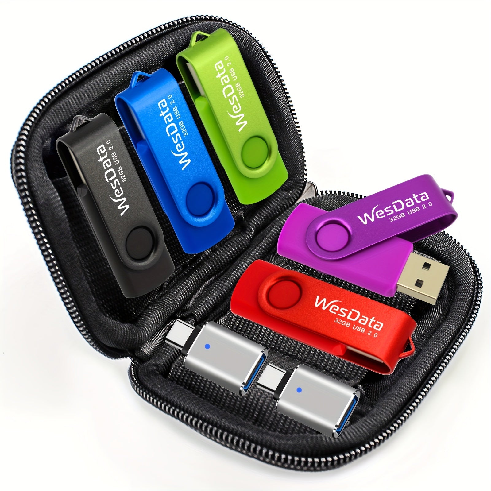 عبوة تحتوي على 5 فلاشات USB بسعة 32 جيجابايت و 64 جيجابايت مع 2 محول USB C في حافظة، تستخدم للهواتف الذكية التي تدعم OTG، الأجهزة اللوحية، الحواسيب المحمولة، الماك بوك والحواسيب الشخصية لتخزين البيانات والنسخ الاحتياطي (5 ألوان)