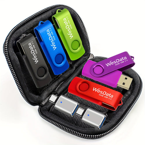 عبوة تحتوي على 5 فلاشات USB بسعة 32 جيجابايت و 64 جيجابايت مع 2 محول USB C في حافظة، تستخدم للهواتف الذكية التي تدعم OTG، الأجهزة اللوحية، الحواسيب المحمولة، الماك بوك والحواسيب الشخصية لتخزين البيانات والنسخ الاحتياطي (5 ألوان)