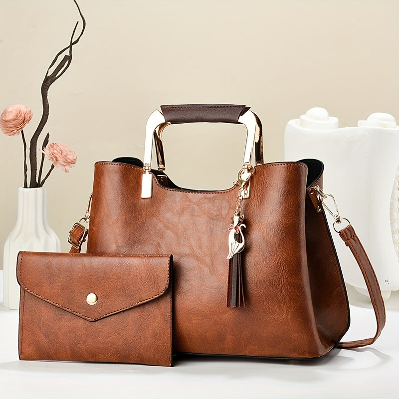 2pcs Vintage Women'S Handbag Set with Matching Wallet - Stylish Large Capacity Tote, Shoulder Bag in Brown, Gray, Black, Beige, Dark Brown - Durable Synthetic, Zip Closure, Polyester Lined, Tote Bag