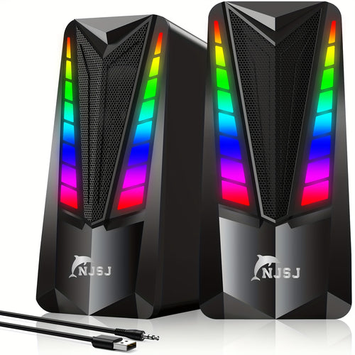 مكبرات صوت سطح المكتب NJSJ RGB، مكبرات صوت ستيريو كمبيوترية بتقنية 2.0، مع 7 أوضاع إضاءة، صوت محسن بقوة 10 وات، تحكم سهل في مستوى الصوت، مدعومة بمنفذ USB و3.5 مم للكمبيوتر الشخصي، الكمبيوتر المحمول، التابلت، الهاتف