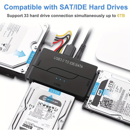 محول قارئ قرص صلب USB 3.0 إلى SATA IDE ، محول استعادة فائق الأداء لتوصيل الأقراص الصلبة العالمي بحجم 6.35 / 8.89 سم SATA و IDE HDD SSD ، يشمل محول طاقة EU 12V / 2A