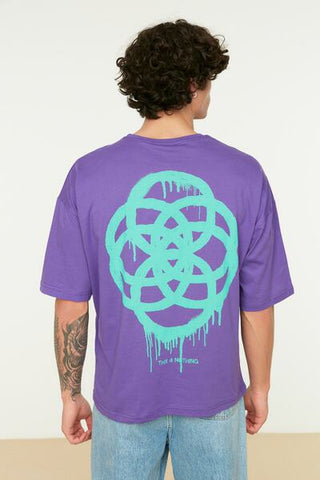 تي شيرت قطني أرجواني كبير الحجم مطبوع هندسيًا - TMNSS21TS1062