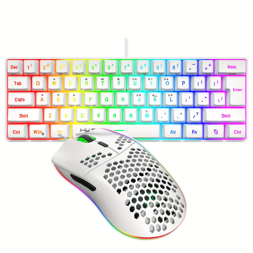 مجموعة لوحة مفاتيح وماوس ميكانيكية صغيرة بنسبة 60% من HXSJ، 61 مفتاحًا بإضاءة خلفية RGB، مجموعة ألعاب بصريه مريحة، ABS محمول، للكمبيوتر الشخصي - لا يتطلب بطارية