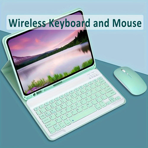 كومبو لوحة مفاتيح وماوس لاسلكية محمولة لأجهزة iPad، Android، Samsung، Xiaomi - اتصال لاسلكي، بطارية قابلة للشحن، كشف الحركة البصري، تصميم أخضر فاتح وأبيض، ماوس لاسلكي