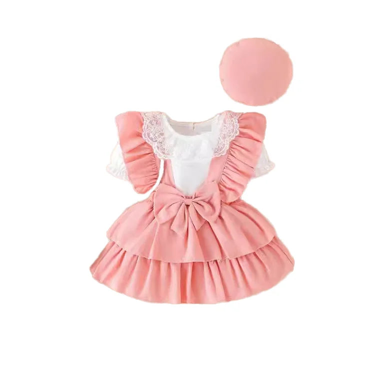3pcs christmas baby بنات صيف clothes sets أكمام قصيرة lace collars romper tops solid suspender جيب hat toddlers' صيف