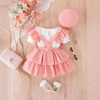 3pcs christmas baby بنات صيف clothes sets أكمام قصيرة lace collars romper tops solid suspender جيب hat toddlers' صيف