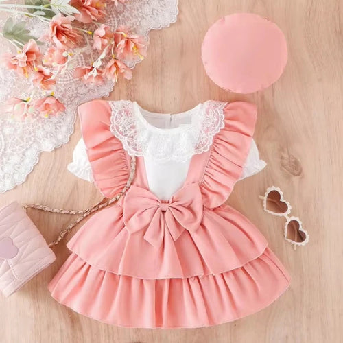 3pcs christmas baby بنات صيف clothes sets أكمام قصيرة lace collars romper tops solid suspender جيب hat toddlers' صيف