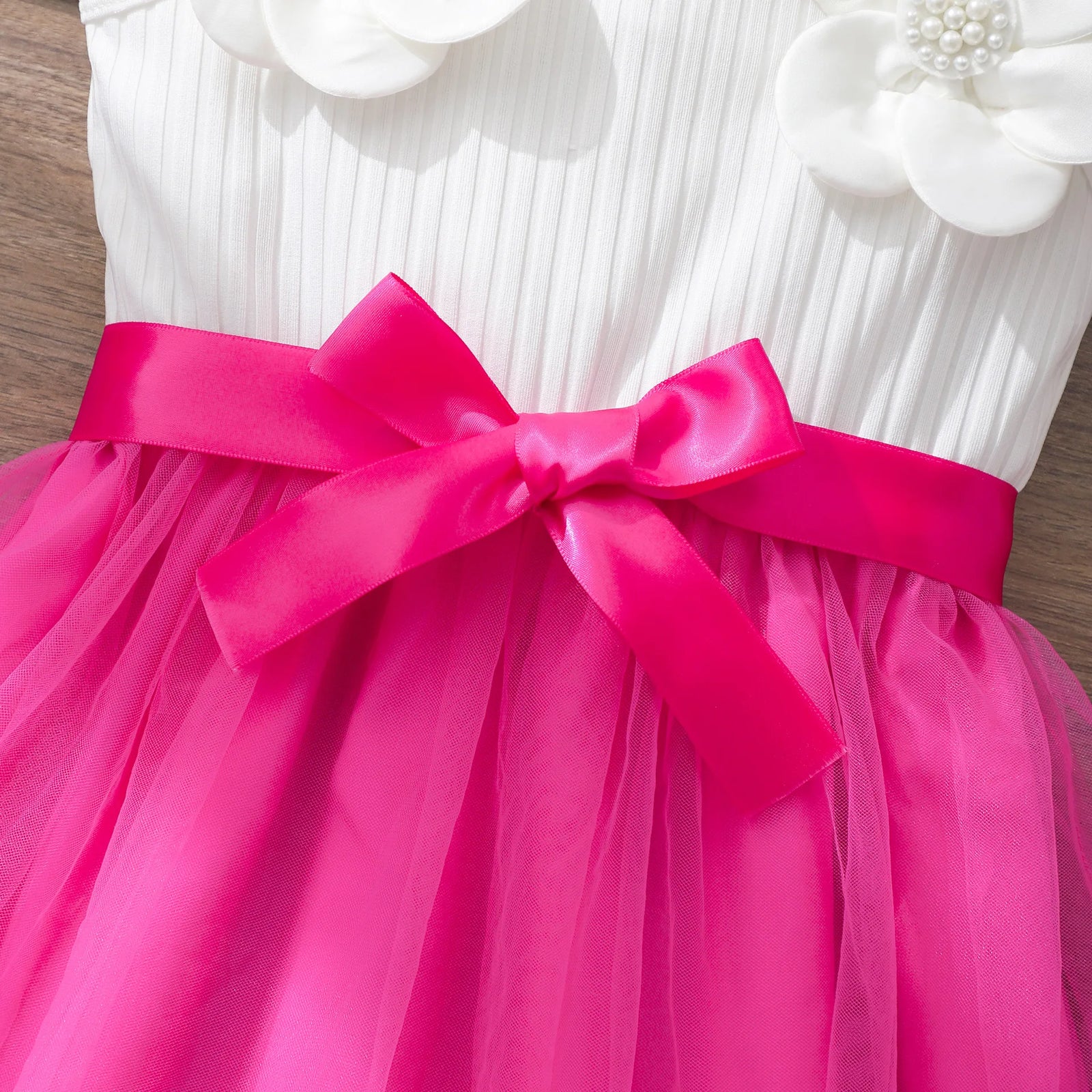 4-7y أطفال بنات كاجوال wear cute children birthday فستان بدون أكمام pearl flower bow تل أميرة dresses for