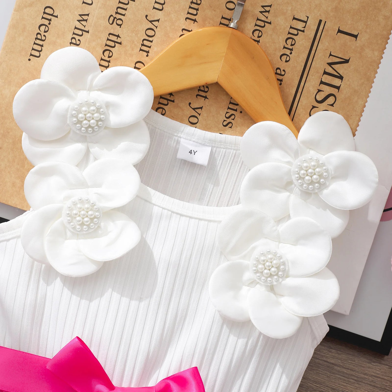 4-7y أطفال بنات كاجوال wear cute children birthday فستان بدون أكمام pearl flower bow تل أميرة dresses for
