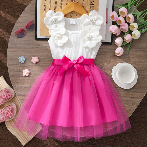 4-7y أطفال بنات كاجوال wear cute children birthday فستان بدون أكمام pearl flower bow تل أميرة dresses for