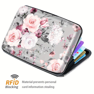 حامل بطاقات ائتمان صغير أنيق بنقوش زهور للنساء - حماية من RFID، محفظة معدنية صلبة مع فتحات للهوية وبطاقات العمل - هدية مثالية لعيد الميلاد أو عيد الميلاد