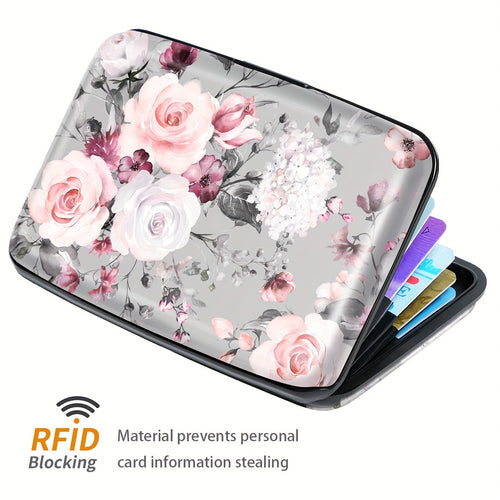 حامل بطاقات ائتمان صغير أنيق بنقوش زهور للنساء - حماية من RFID، محفظة معدنية صلبة مع فتحات للهوية وبطاقات العمل - هدية مثالية لعيد الميلاد أو عيد الميلاد