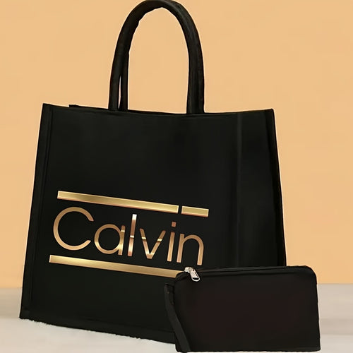2pcs Elegant Print Tote Bag Set - Spacious & Durable Fabric Handbag with Stylish Orange & Blue Design, Includes Matching Cosmetic Pouch - Ideal for Work, Travel, or Daily Use - Perfect Gift, Travel Essentials|Stylish Tote Bag|Durable Fabric Bag