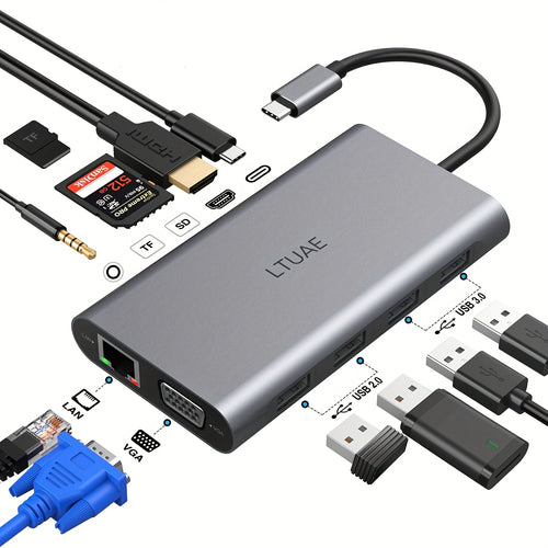 محطة إرساء USB C 11 في 1، محور متعدد الوظائف مدمج، يدعم شاشة مزدوجة 4K، 2 HDTV + 1 USB-C 4K @60Hz + 7 منافذ USB-A/C + شحن سريع PD + منفذ صوت + إيثرنت جيجابت، للابتوبات/الأجهزة اللوحية/الهواتف، فضي