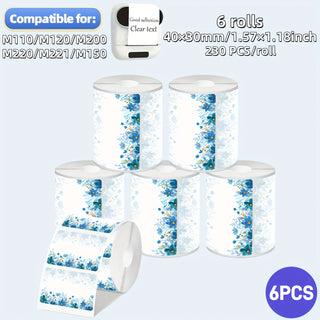 3/6 لفات ملصقات زهرية أزرق ذاتية اللصق متوافقة مع Phomemo M110/M120/M200/M220/M221/M150، بحجم 1.58x1.18 إنش (40x30 مم)، 230 ملصق لكل رول، متعددة الاستخدامات للتنظيم والديكور في المنزل والمكتب والمدرسة