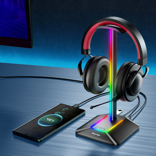 حامل سماعات رأس جديد بتصميم نحلة مع منافذ شحن USB-C وUSB واحدة، حامل سماعة ألعاب للمكتب بـ7 أوضاع إضاءة وقاعدة مطاطية غير قابلة للانزلاق مناسب لجميع ملحقات السماعات