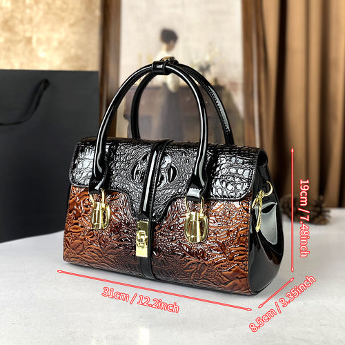 حقيبة كتف نسائية فاخرة - قابلة للتعديل كحقيبة كروس/يد مع تصميم مزخرف بنقوش زهور، إكسسوارات بلون ذهبي وإغلاق بسحاب، لون بني داكن/أسود، أسلوب ريترو للمناسبات العادية والرسمية، حقيبة يد عتيقة، إكسسوار أنيق متعدد الاستخدامات، نسيج تمساح، حقيبة يومية، تشطيب عا