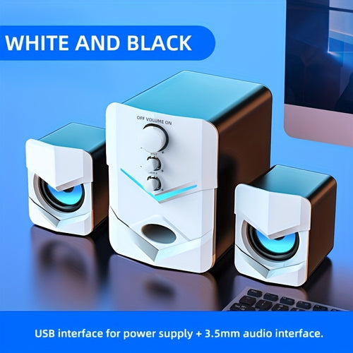 مكبرات صوت سلكية عالية الجودة 2.1 ستيريو مع إضاءة LED - تعمل بالطاقة عبر USB، منفذ صوتي 3.5 مم، متوافقة مع الكمبيوتر واللابتوب وأجهزة الألعاب والأجهزة MP3/MP4، تصميم عصري بلمسات زرقاء، مكبرات صوت محمولة