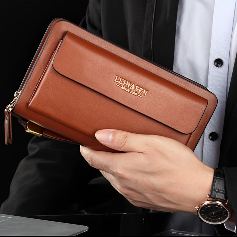 محفظة رجالية كاجوال للأعمال - حقيبة يد طويلة بسحاب ناعم مع عدة أقسام ومقبض آمن للاستخدام اليومي