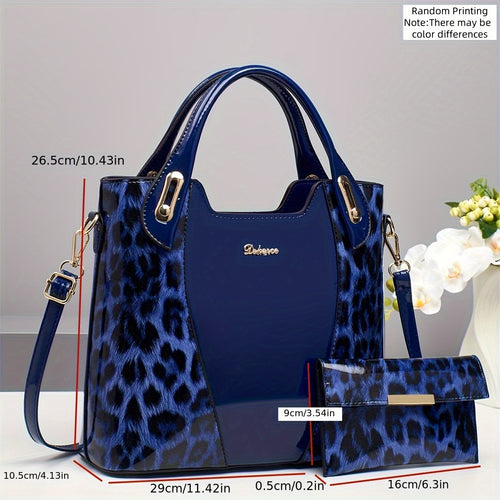 2pcs Bright Patent Tote Bag for Women, Large Capacity Shoulder and Crossbody Bag, Leopard Print Parent Bag, Commuting Handbag, Birthday Gift, Date Business Reception, Casual Travel Essentia