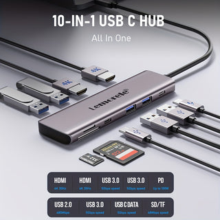 LEMORELE محور USB-C بـ 10 منافذ مع دقة عرض 4K HDTV 30Hz، شحن سريع PD بقوة 100W، 5 منافذ USB 3.0، قارئ بطاقات SD/TF وتصميم معدني مدمج - تشغيل مباشر لأجهزة Mac/PC، الحواسيب المحمولة، الأقراص اللوحية، توصيل متعدد الاستخدامات، لمسة نهائية معدنية عصرية، اتصال