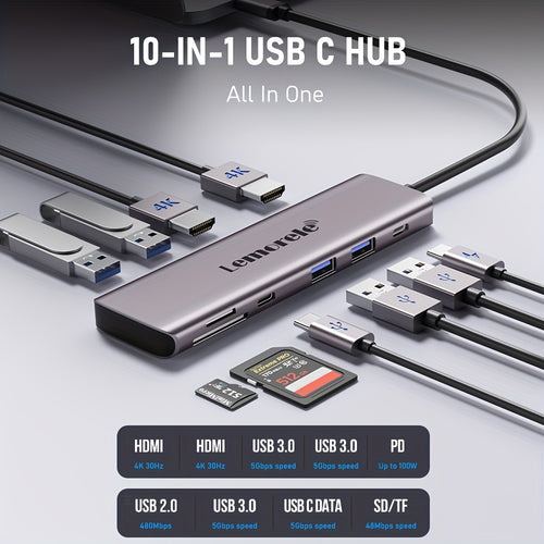 LEMORELE محور USB-C بـ 10 منافذ مع دقة عرض 4K HDTV 30Hz، شحن سريع PD بقوة 100W، 5 منافذ USB 3.0، قارئ بطاقات SD/TF وتصميم معدني مدمج - تشغيل مباشر لأجهزة Mac/PC، الحواسيب المحمولة، الأقراص اللوحية، توصيل متعدد الاستخدامات، لمسة نهائية معدنية عصرية، اتصال
