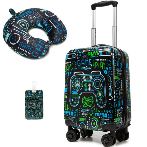 Boys 2pcs Luggage Set Wheeled Suitcase Travel Bag with Neck Pillow Durable Kids Rolling Case for School Trips Family Travel Back to School Gift