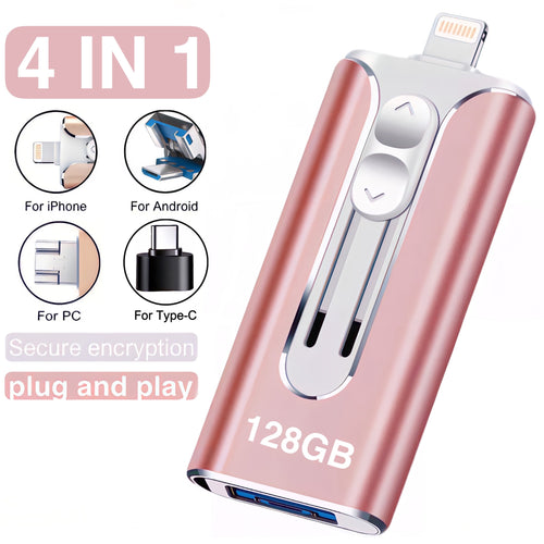 128 جيجابايت و 64 جيجابايت منفذ فلاش 3.0 عالي السرعة 4 في 1 عصا USB تخزين خارجي لهواتف Iphone و PC و Ipad و Android وأجهزة أخرى لنقل وتخزين الصور والفيديوهات