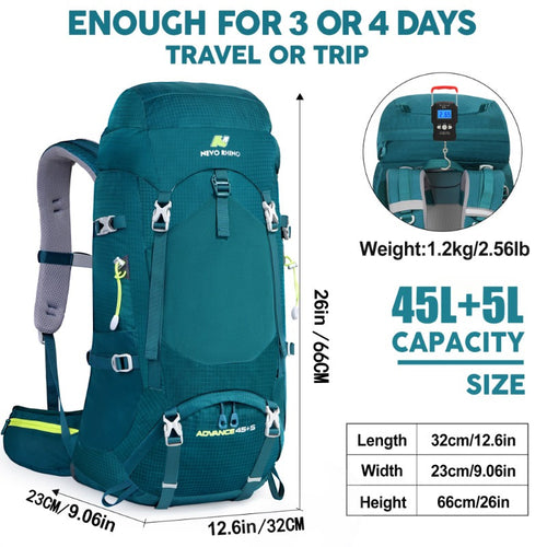 حقيبة ظهر NEYO RHINO 45L+5L - سعة كبيرة لرحلات التسلق مع عدة أقسام، أحزمة قابلة للتعديل وعناصر عاكسة للمشي، التخييم، الرياضات الخارجية والسفر، معدات المشي، إغلاق سريع متين