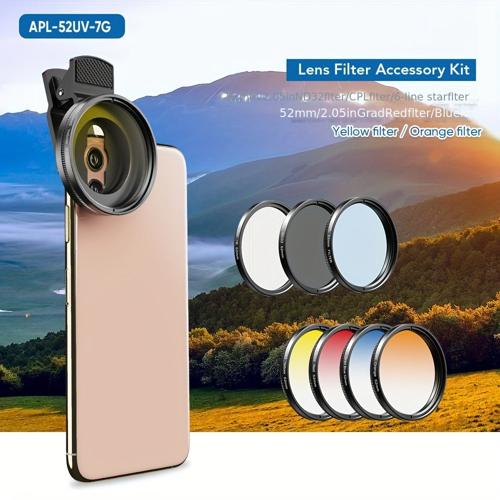 مجموعة عدسات APEXEL 7 في 1 52mm / 2.05 Inch UV Grad Blue Red Color Filters + CPL ND + Star Filters لكاميرا الهاتف المطبقة على صورة فيديو مدونات فيديو