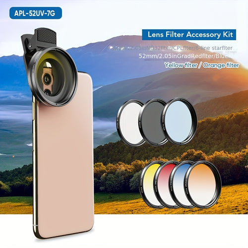 مجموعة عدسات APEXEL 7 في 1 52mm / 2.05 Inch UV Grad Blue Red Color Filters + CPL ND + Star Filters لكاميرا الهاتف المطبقة على صورة فيديو مدونات فيديو