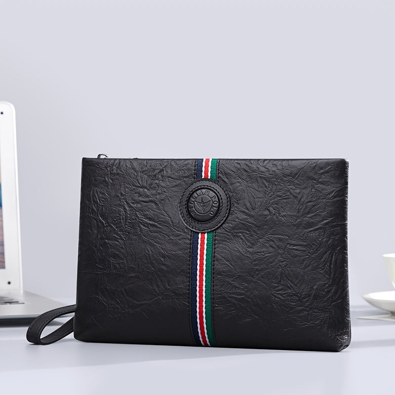 حقيبة يد رجالية من الجلد الطبيعي - حقيبة ظهر سوداء للأعمال مع تصميم محفور وحزام للمعصم، مثالية للعمل أو الخروجات العادية، جيب سفر آمن | نسيج جلدي محفور | حقيبة جلدية متينة