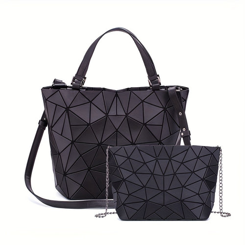 2pcs Women'S Large Capacity Geometric Tote Bag Set - Stylish PVC Shoulder Handbag with Adjustable Straps, Zipper Closure, and Polyester Lining - Available in Black, Blue, and Pink - Perfect for Everyday Use, Everyday Tote Bag | Geometric Pattern Bag | Dur