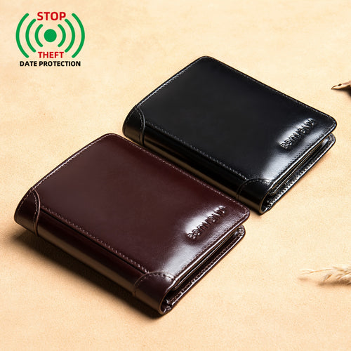 محفظة رجالية من جلد طبيعي بالكامل - حماية من تقنية RFID، جلد بقري كامل الحبيبات، تصميم متعدد الجيوب، تشطيب شمعي، هدية مثالية لجميع المواسم، هدية رائعة للأب أو الحبيب، أسود، لون القهوة