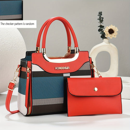2pcs Chic Plaid Tote & Shoulder Bag Set for Women - Large Capacity, Adjustable Strap, Zipper Closure, with Polyester Lining, Ideal for Work, Travel, or Gifts, Chic Tote Bag|Vibrant Pattern Bag|Synthetic Finis
