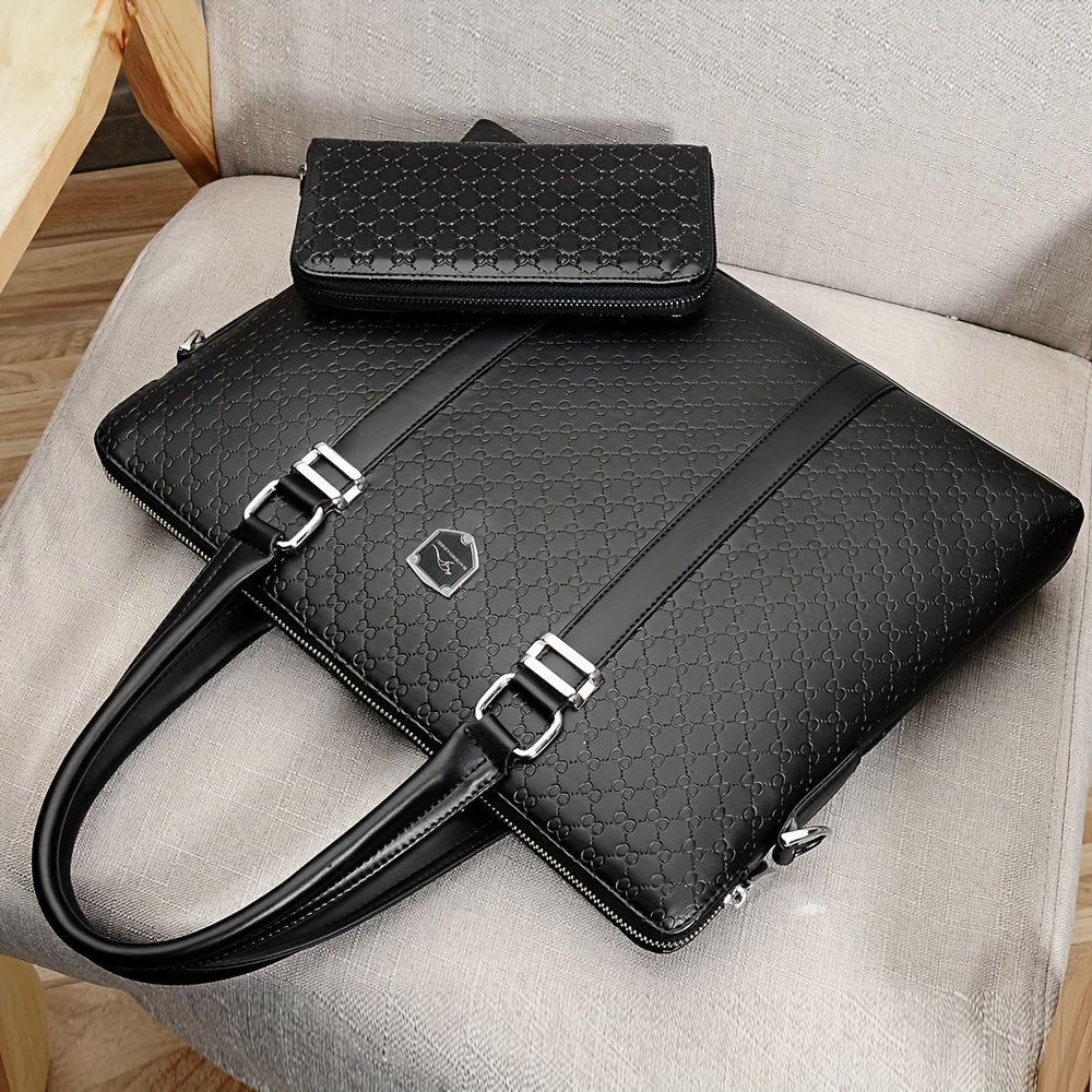 2pcs Set Men'S Handbag, Minimalist Business Briefcase, Adjustable Strap, No Print, Daily Commute, Black