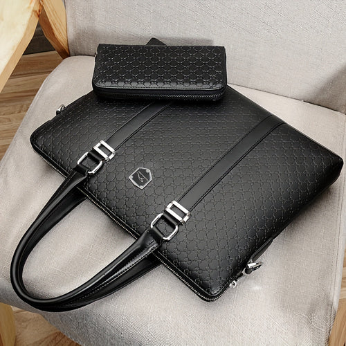 2pcs Set Men'S Handbag, Minimalist Business Briefcase, Adjustable Strap, No Print, Daily Commute, Black